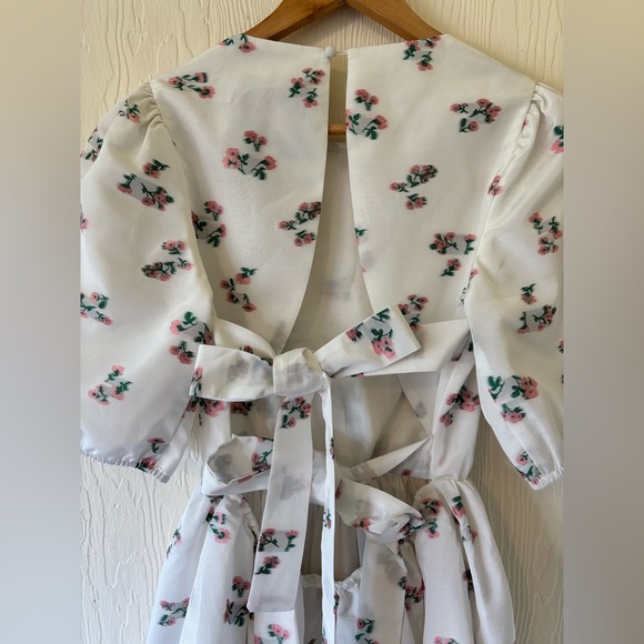 Sister Jane White Floral Embroidered Backless Baby Doll Mini Puff Sleeve Dress - Picture 12 of 17